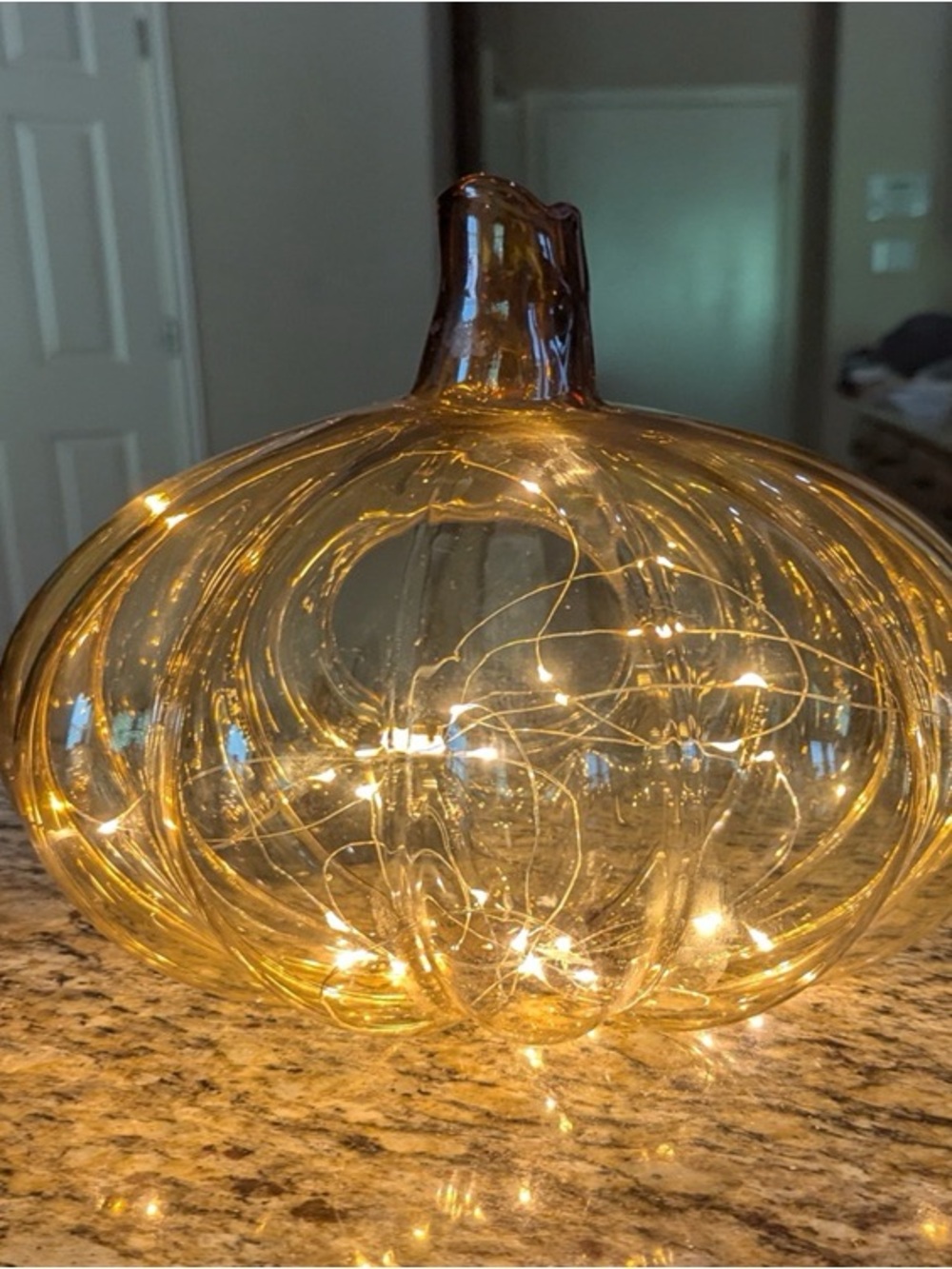 Amber Glass Pumpkin with Integrated Fairy Lights - Decorative Accent